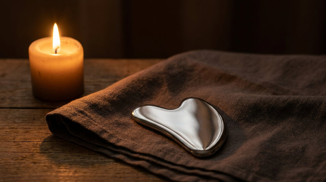 Полирана стоманена Gua Sha в тиха вечерна светлина